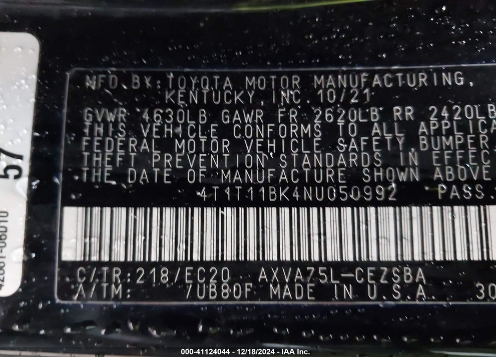 2022 TOYOTA CAMRY VIN: 4T1T11BK4NU050992