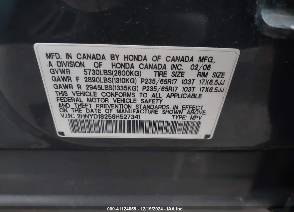 2006 ACURA MDX VIN: 2HNYD18256H527341