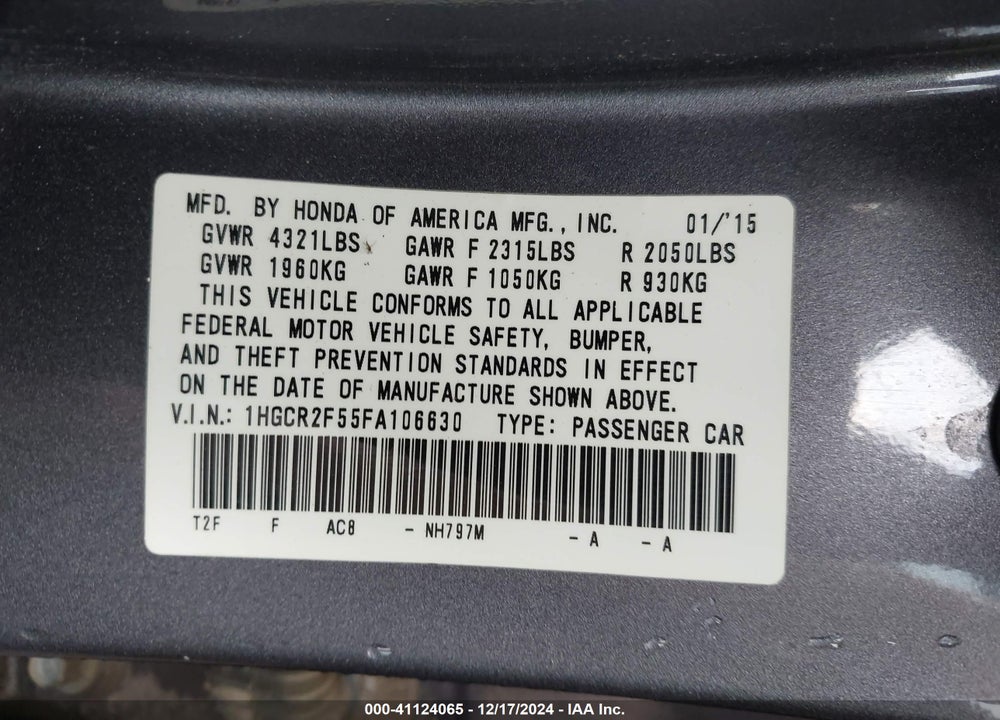 2015 HONDA ACCORD SPORT VIN: 1HGCR2F55FA106630