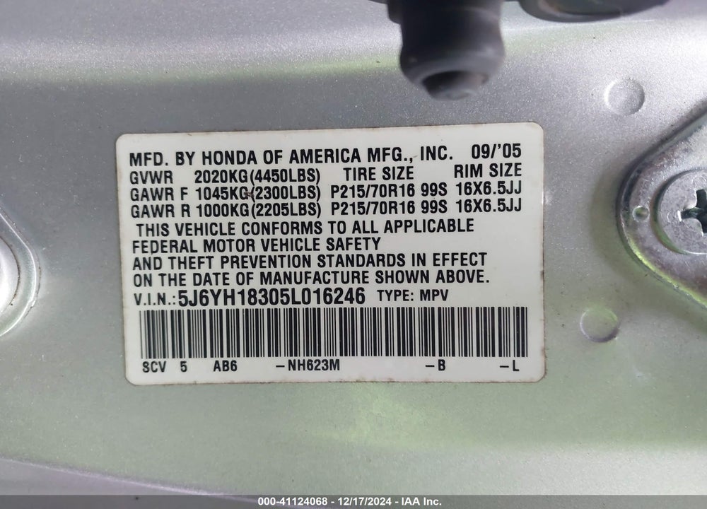 2005 HONDA ELEMENT LX VIN: 5J6YH18305L016246