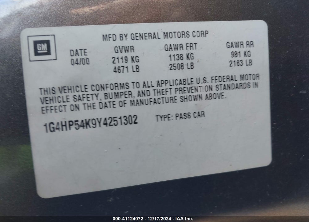2000 BUICK LESABRE CUSTOM VIN: 1G4HP54K9Y4251302