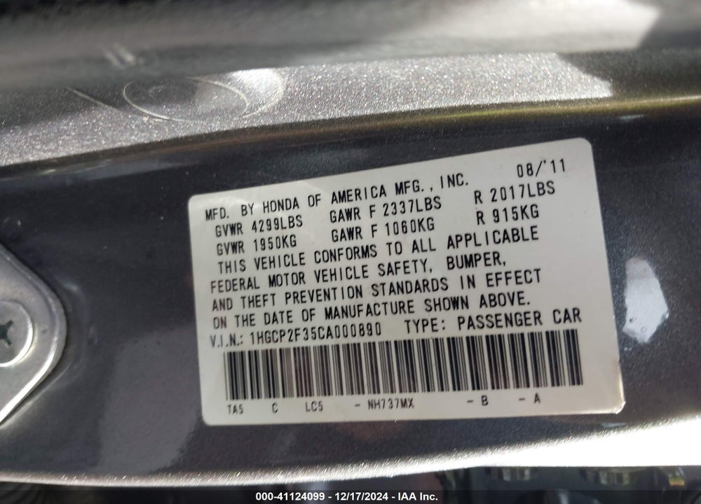 2012 HONDA ACCORD VIN: 1HGCP2F35CA000890