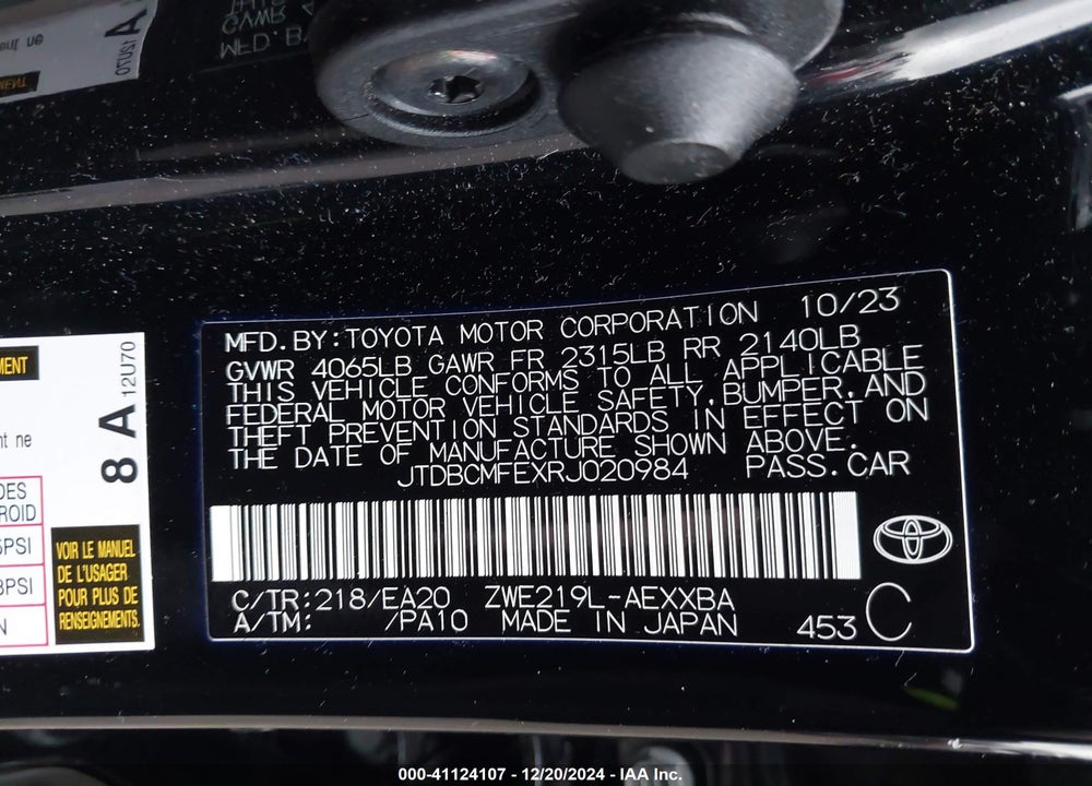 2024 TOYOTA COROLLA HYBRID XLE VIN: JTDBCMFEXRJ020984