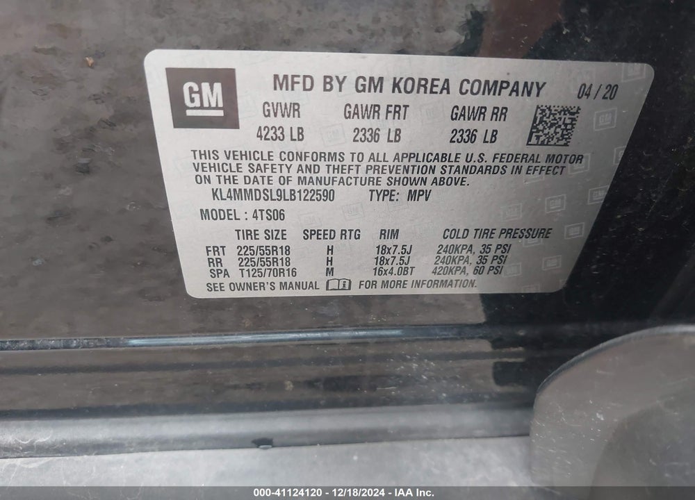 2020 BUICK ENCORE GX FWD SELECT VIN: KL4MMDSL9LB122590