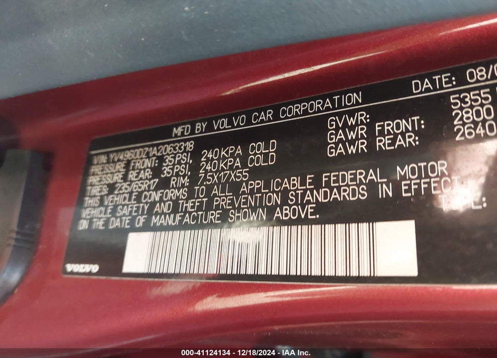 2010 VOLVO XC60 3.2 VIN: YV4960DZ1A2063318