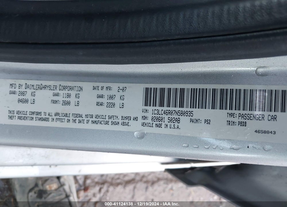 2007 CHRYSLER SEBRING VIN: 1C3LC46R07N580935