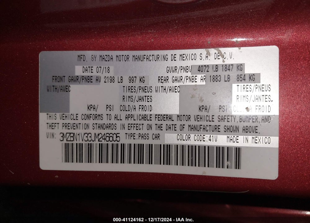 2018 MAZDA 3 VIN: 3MZBN1V33JM246605