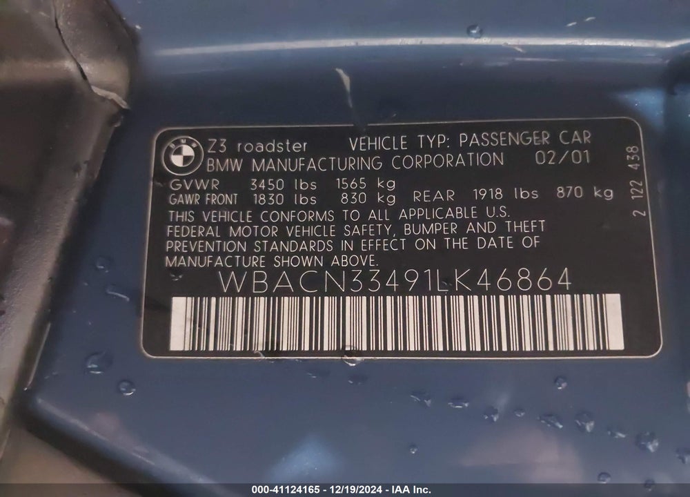2001 BMW Z3 2.5I VIN: WBACN33491LK46864