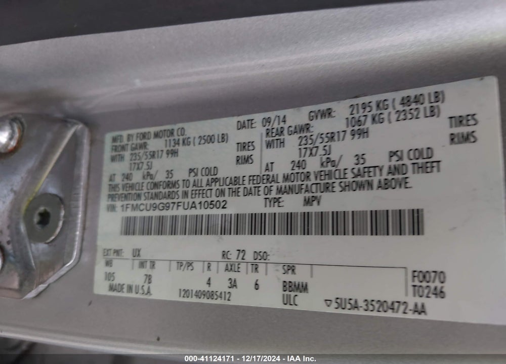 2015 FORD ESCAPE SE VIN: 1FMCU9G97FUA10502