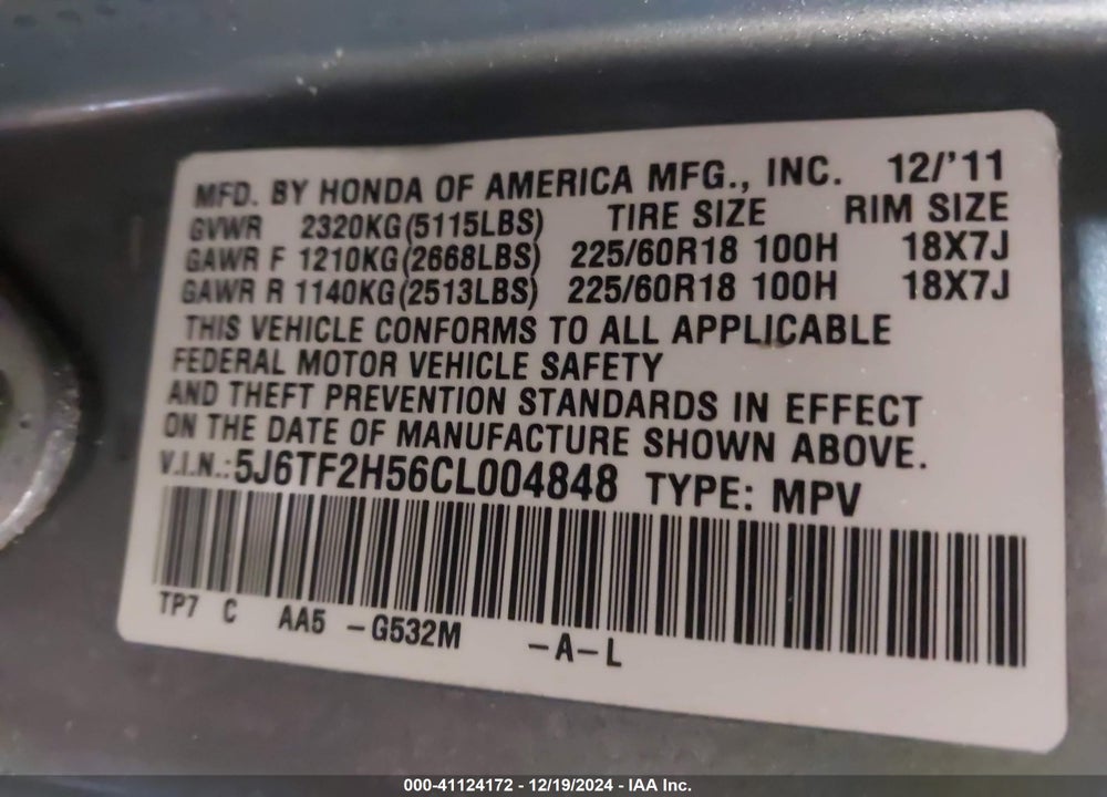 2012 HONDA CROSSTOUR EX-L VIN: 5J6TF2H56CL004848