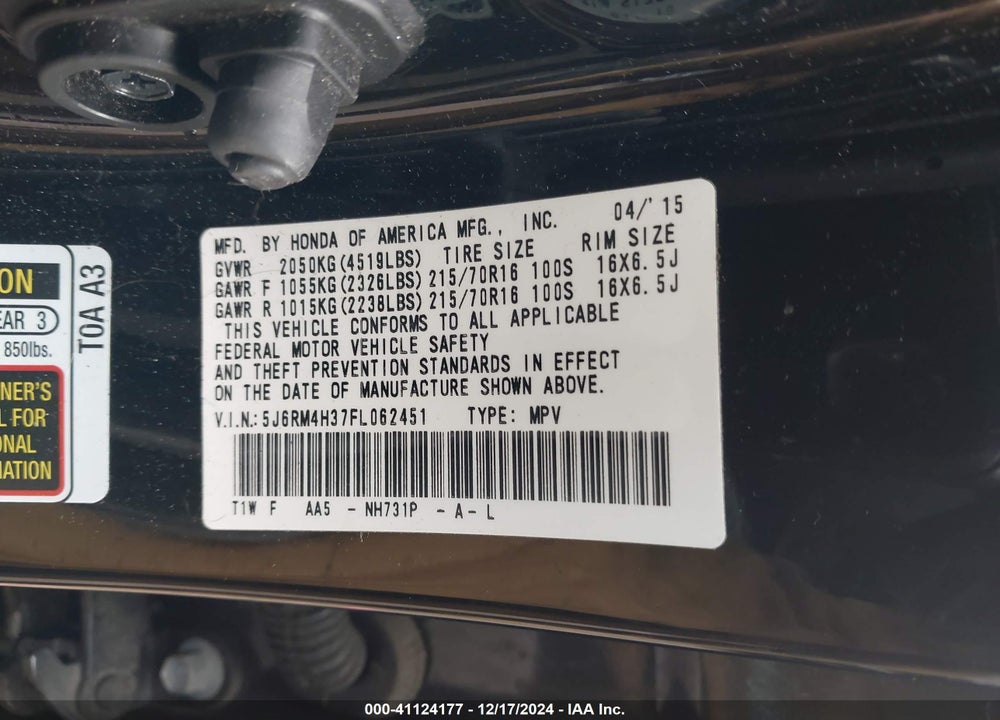 2015 HONDA CR-V LX VIN: 5J6RM4H37FL062451