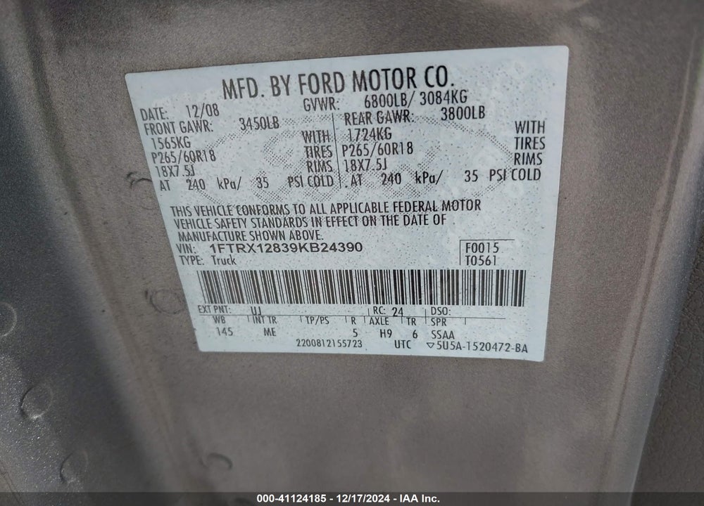 2009 FORD F-150 STX/XL/XLT VIN: 1FTRX12839KB24390