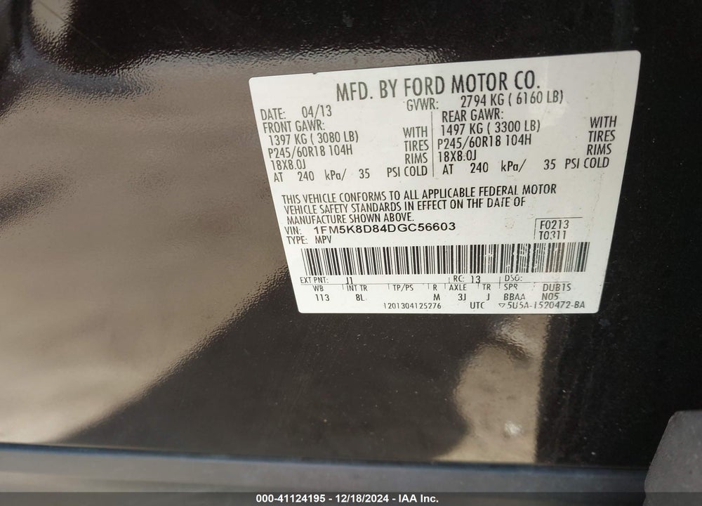 2013 FORD EXPLORER XLT VIN: 1FM5K8D84DGC56603