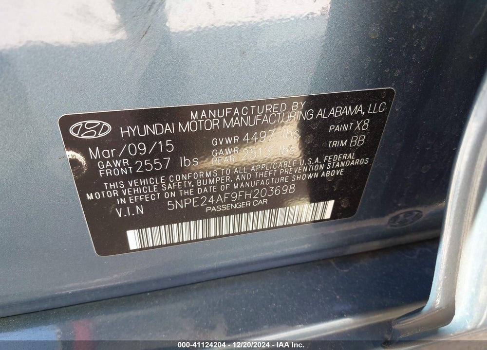 2015 HYUNDAI SONATA SE VIN: 5NPE24AF9FH203698