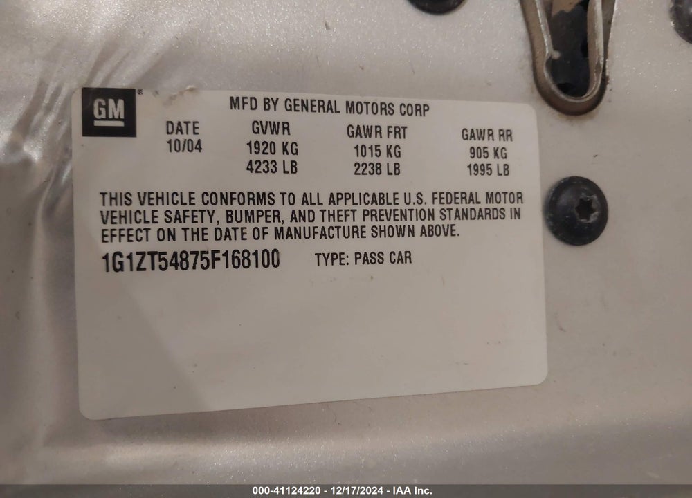 2005 CHEVROLET MALIBU LS VIN: 1G1ZT54875F168100