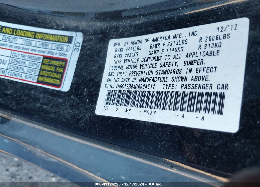 2013 HONDA ACCORD VIN: 1HGCT2B8XDA004612
