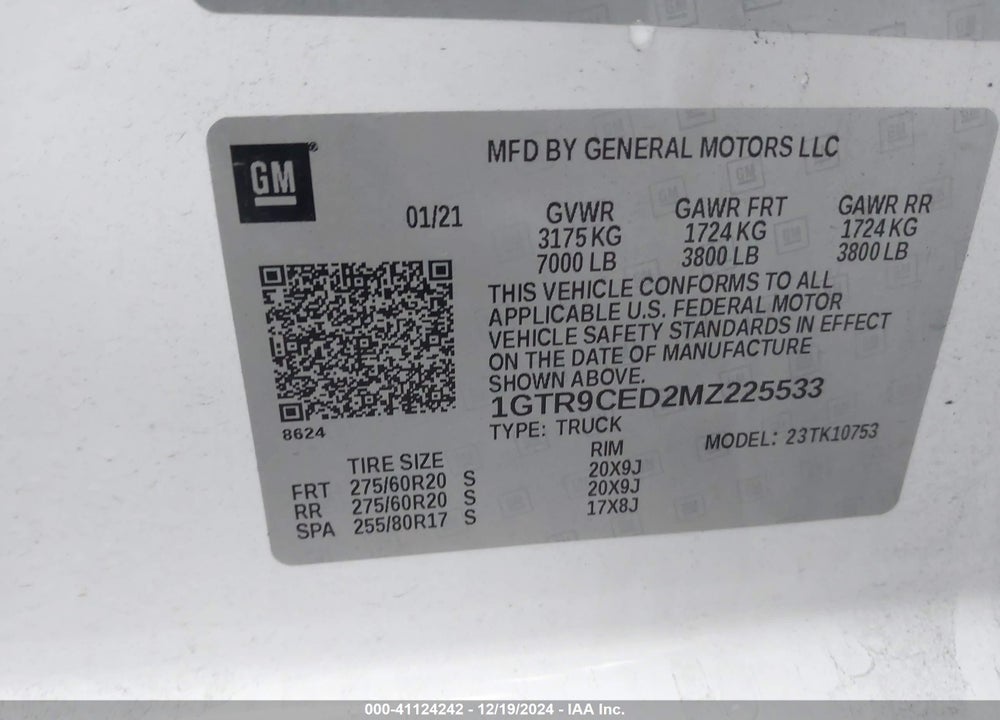 2021 GMC SIERRA 1500 4WD DOUBLE CAB STANDARD BOX ELEVATION VIN: 1GTR9CED2MZ225533