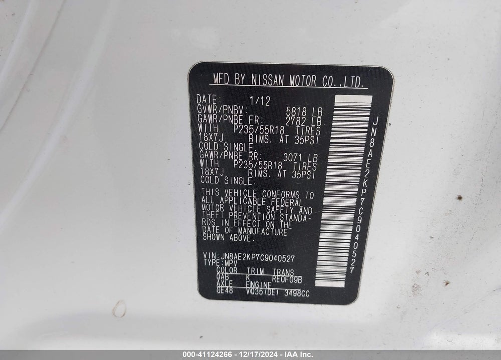 2012 NISSAN QUEST LE VIN: JN8AE2KP7C9040527