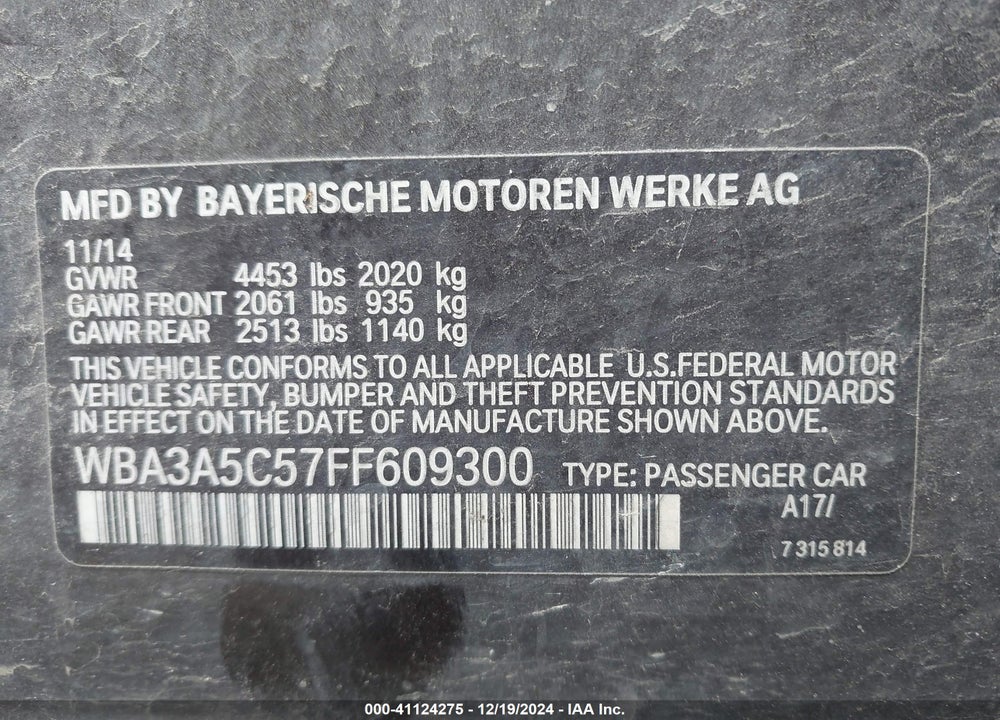 2015 BMW 328I VIN: WBA3A5C57FF609300