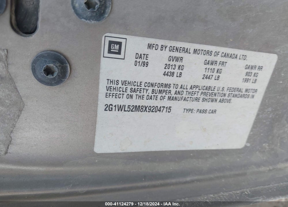 1999 CHEVROLET LUMINA VIN: 2G1WL52M8X9204715