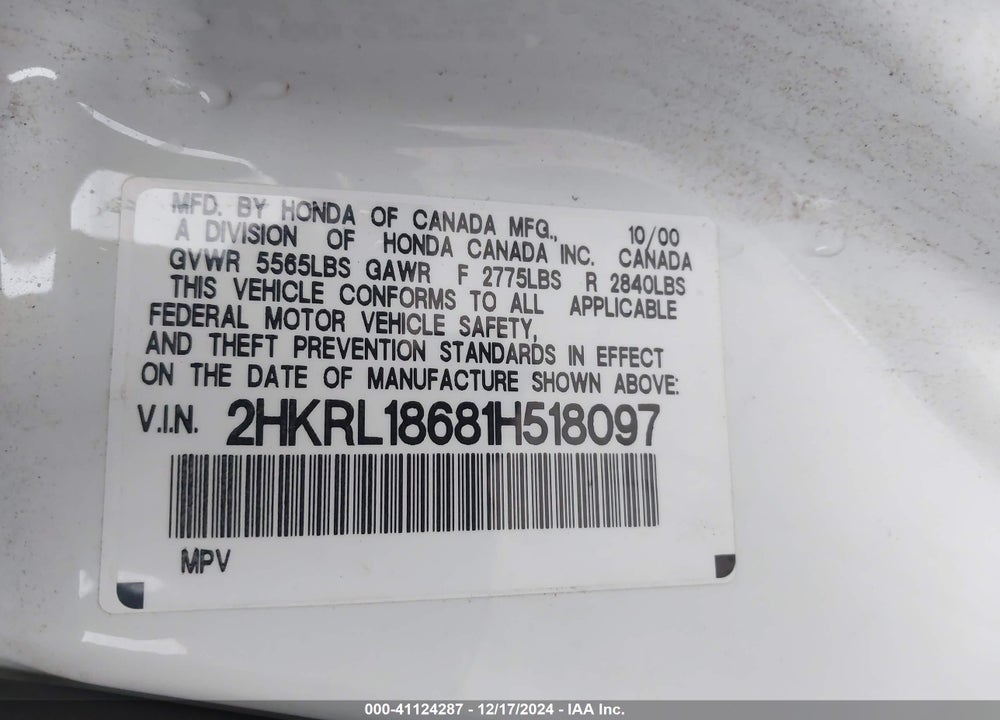 2001 HONDA ODYSSEY EX VIN: 2HKRL18681H518097