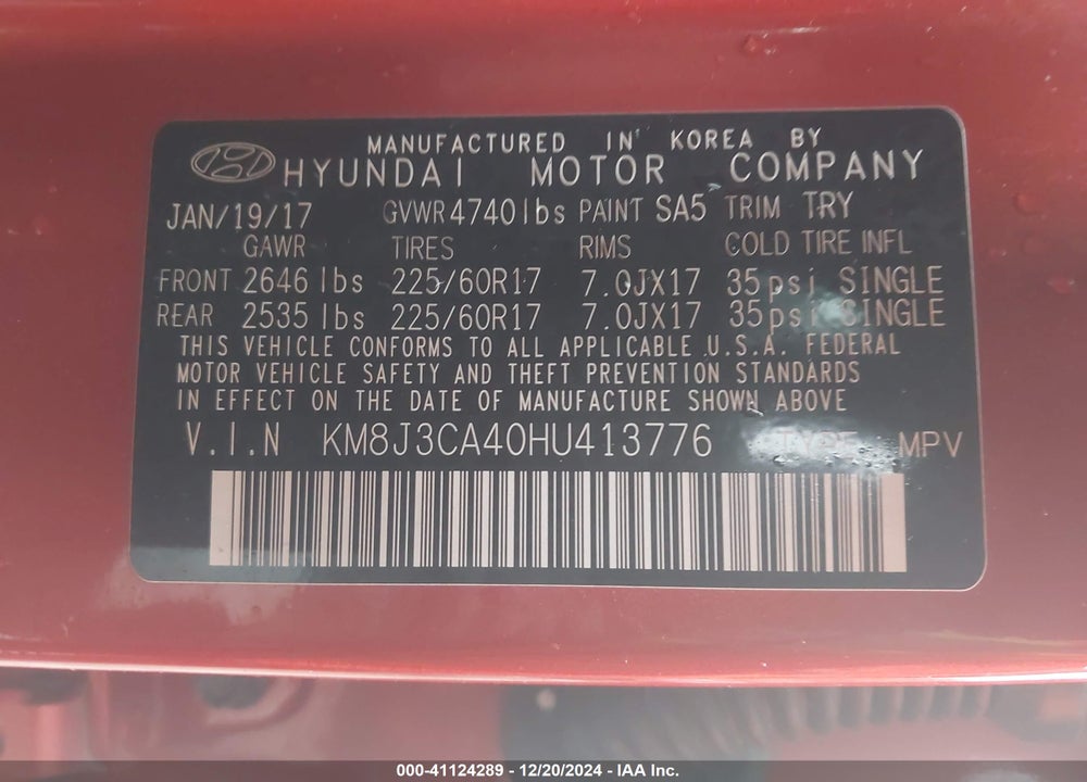 2017 HYUNDAI TUCSON SE VIN: KM8J3CA40HU413776