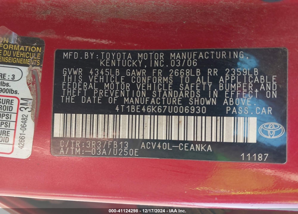 2007 TOYOTA CAMRY VIN: 4T1BE46K67U006930