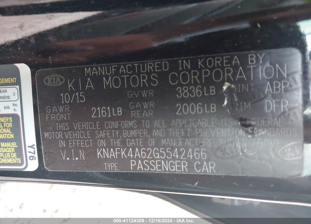 2016 KIA FORTE LX VIN: KNAFK4A62G5542466