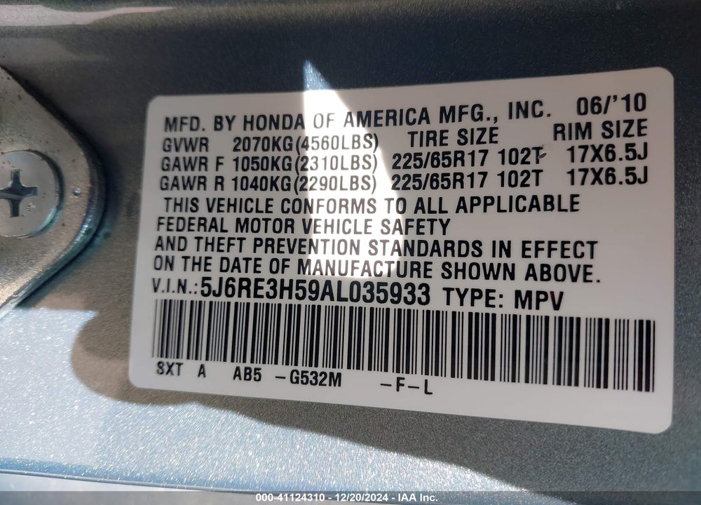 2010 HONDA CR-V EX VIN: 5J6RE3H59AL035933
