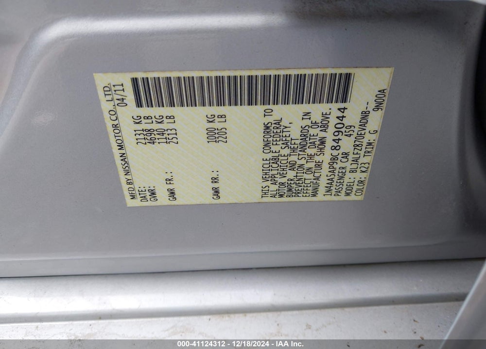 2011 NISSAN MAXIMA 3.5 SV VIN: 1N4AA5AP9BC849044