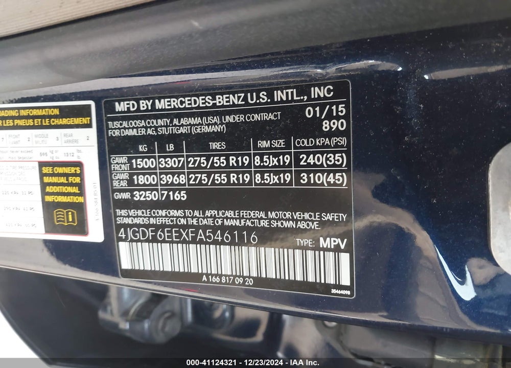 2015 MERCEDES-BENZ GL 450 4MATIC VIN: 4JGDF6EEXFA546116