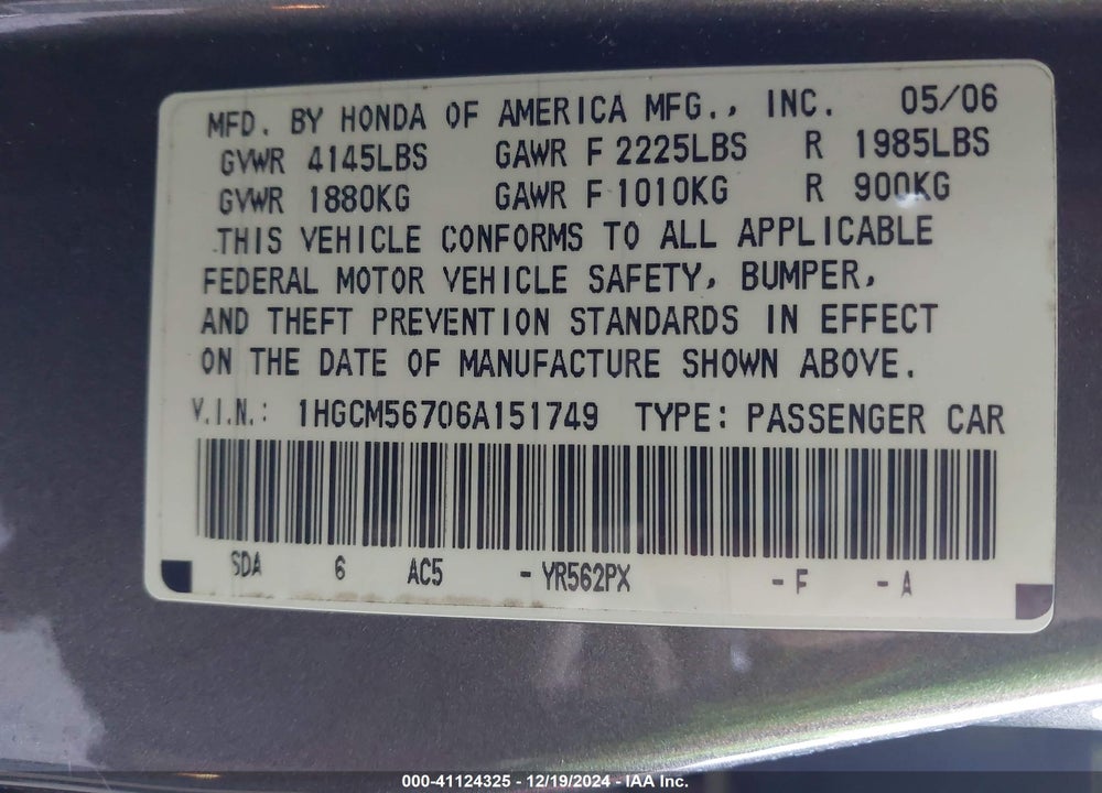 2006 HONDA ACCORD VIN: 1HGCM56706A151749