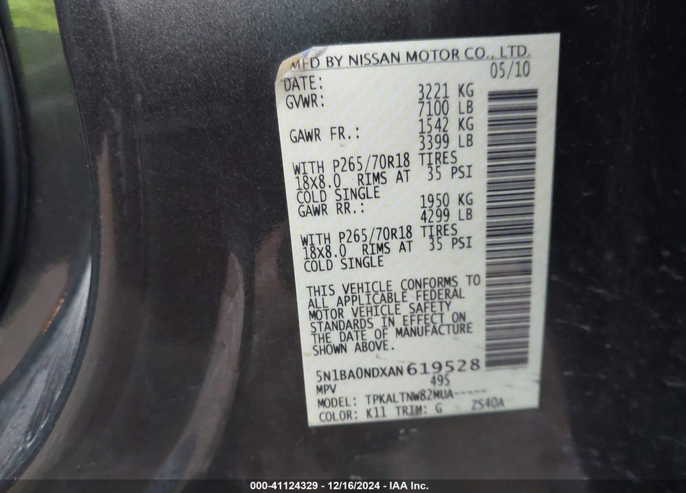 2010 NISSAN ARMADA SE VIN: 5N1BA0NDXAN619528