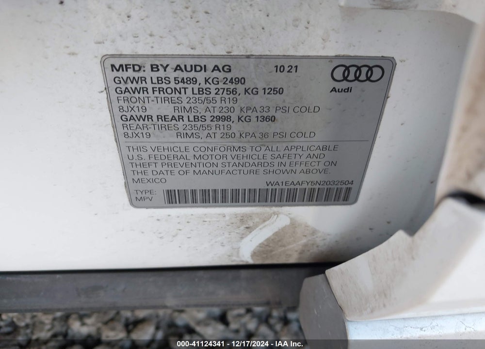 2022 AUDI Q5 PREMIUM PLUS 45 TFSI S LINE QUATTRO S TRONIC VIN: WA1EAAFY5N2032504