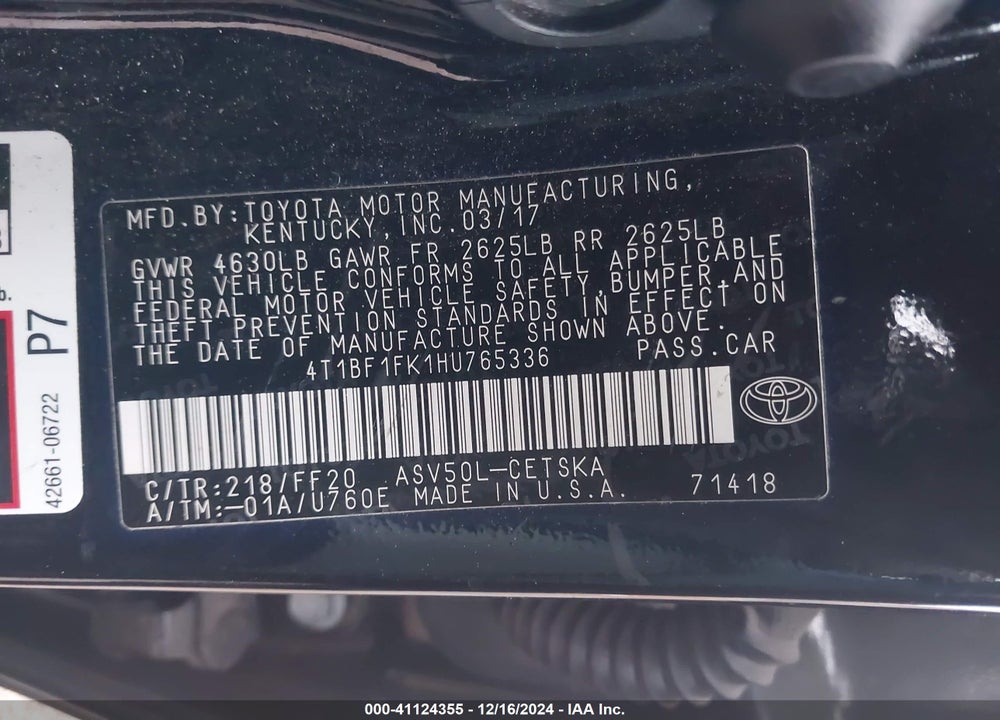 2017 TOYOTA CAMRY SE VIN: 4T1BF1FK1HU765336