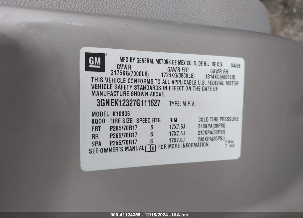 2007 CHEVROLET AVALANCHE 1500 LT VIN: 3GNEK12327G111627