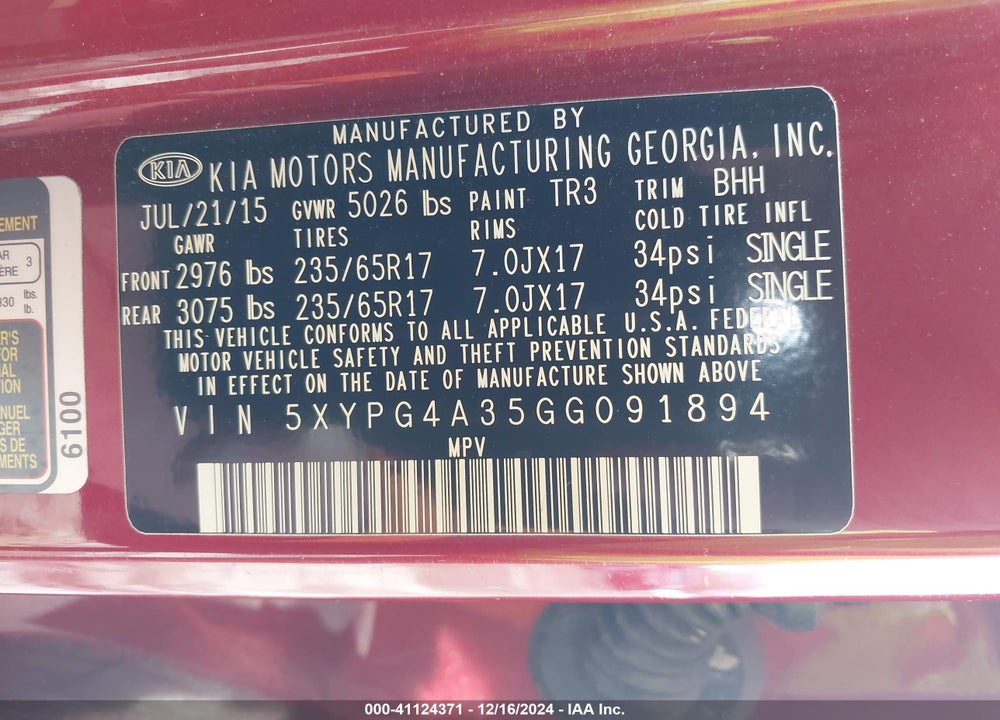 2016 KIA SORENTO 2.4L LX VIN: 5XYPG4A35GG091894