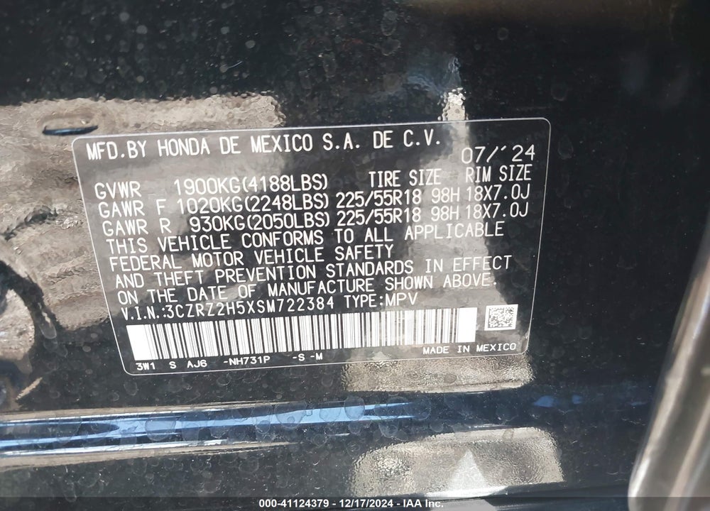 2025 HONDA HR-V AWD SPORT VIN: 3CZRZ2H5XSM722384