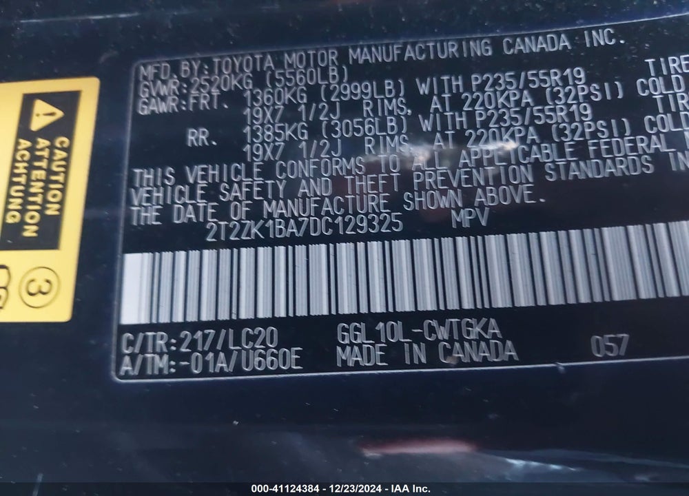 2013 LEXUS RX 350 VIN: 2T2ZK1BA7DC129325