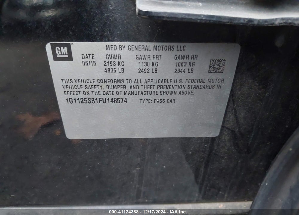 2015 CHEVROLET IMPALA 2LT VIN: 1G1125S31FU148574