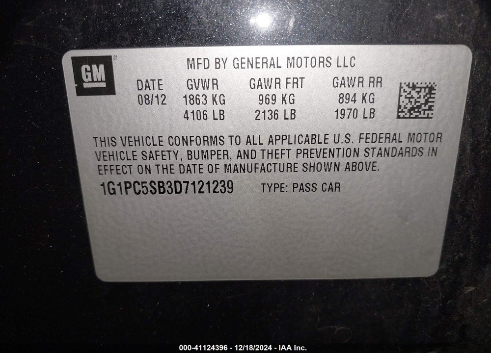 2013 CHEVROLET CRUZE VIN: 1G1PC5SB3D7121239