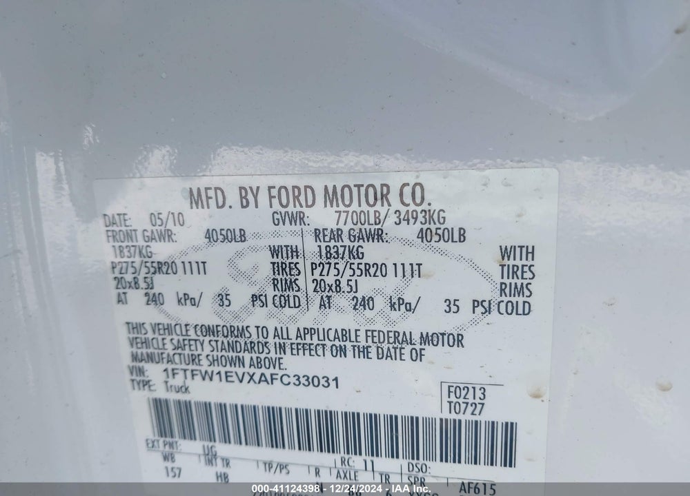 2010 FORD F-150 VIN: 1FTFW1EVXAFC33031
