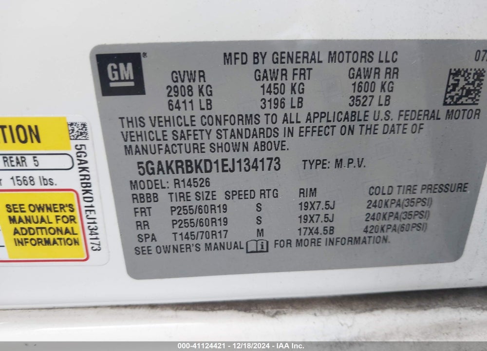 2014 BUICK ENCLAVE LEATHER VIN: 5GAKRBKD1EJ134173