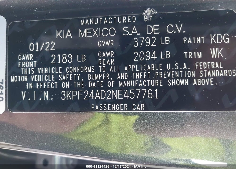 2022 KIA FORTE VIN: 3KPF24AD2NE457761
