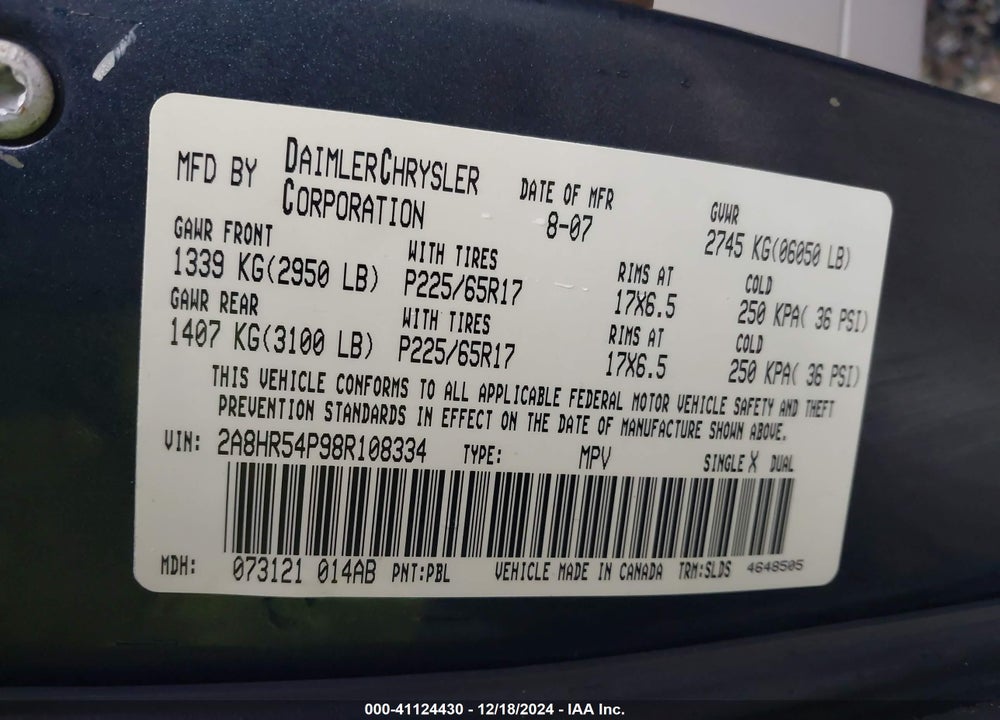 2008 CHRYSLER TOWN & COUNTRY TOURING VIN: 2A8HR54P98R108334