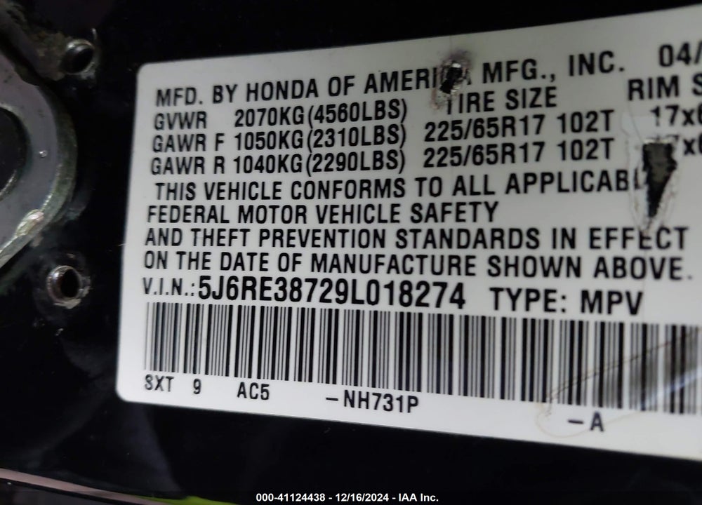 2009 HONDA CR-V EX-L VIN: 5J6RE38729L018274