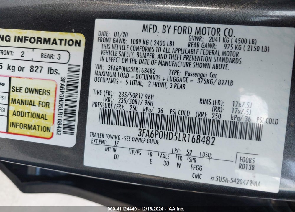 2020 FORD FUSION SE VIN: 3FA6P0HD5LR168482