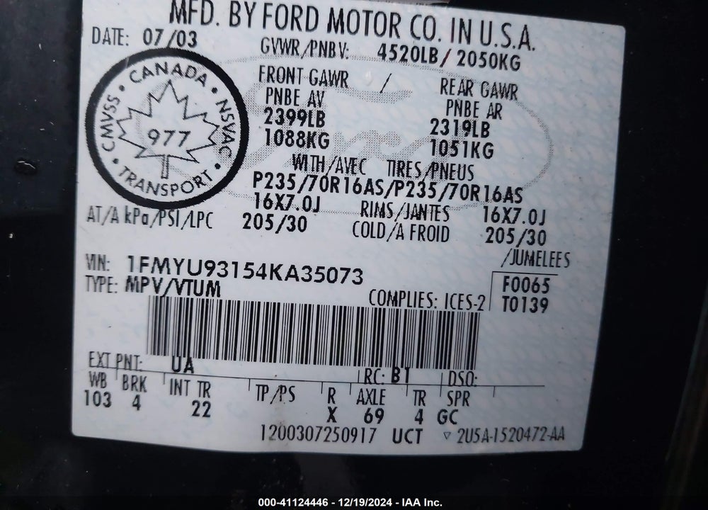 2004 FORD ESCAPE XLT VIN: 1FMYU93154KA35073