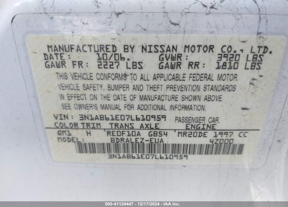 2007 NISSAN SENTRA VIN: 3N1AB61E07L610959