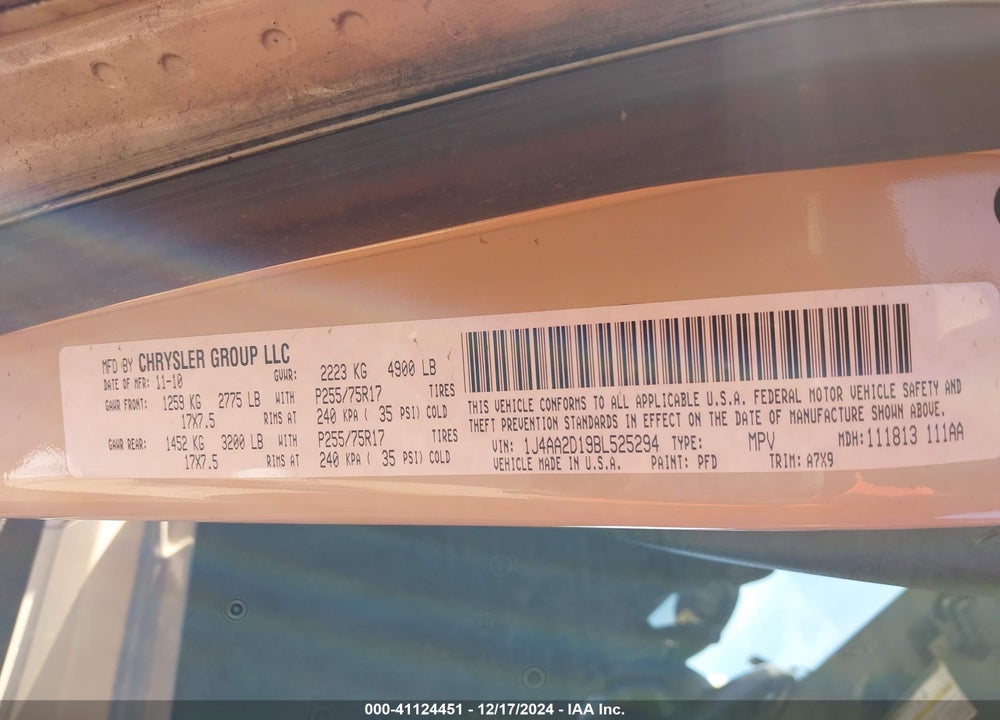 2011 JEEP WRANGLER SPORT VIN: 1J4AA2D19BL525294